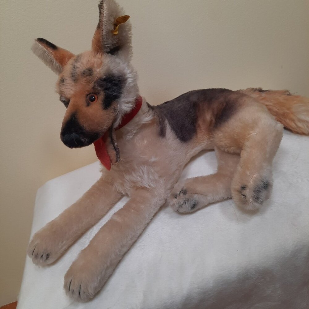 Steiff Arco German Shepherd With Tags Big 22 inch Lying Down Mohair Vintage 70s